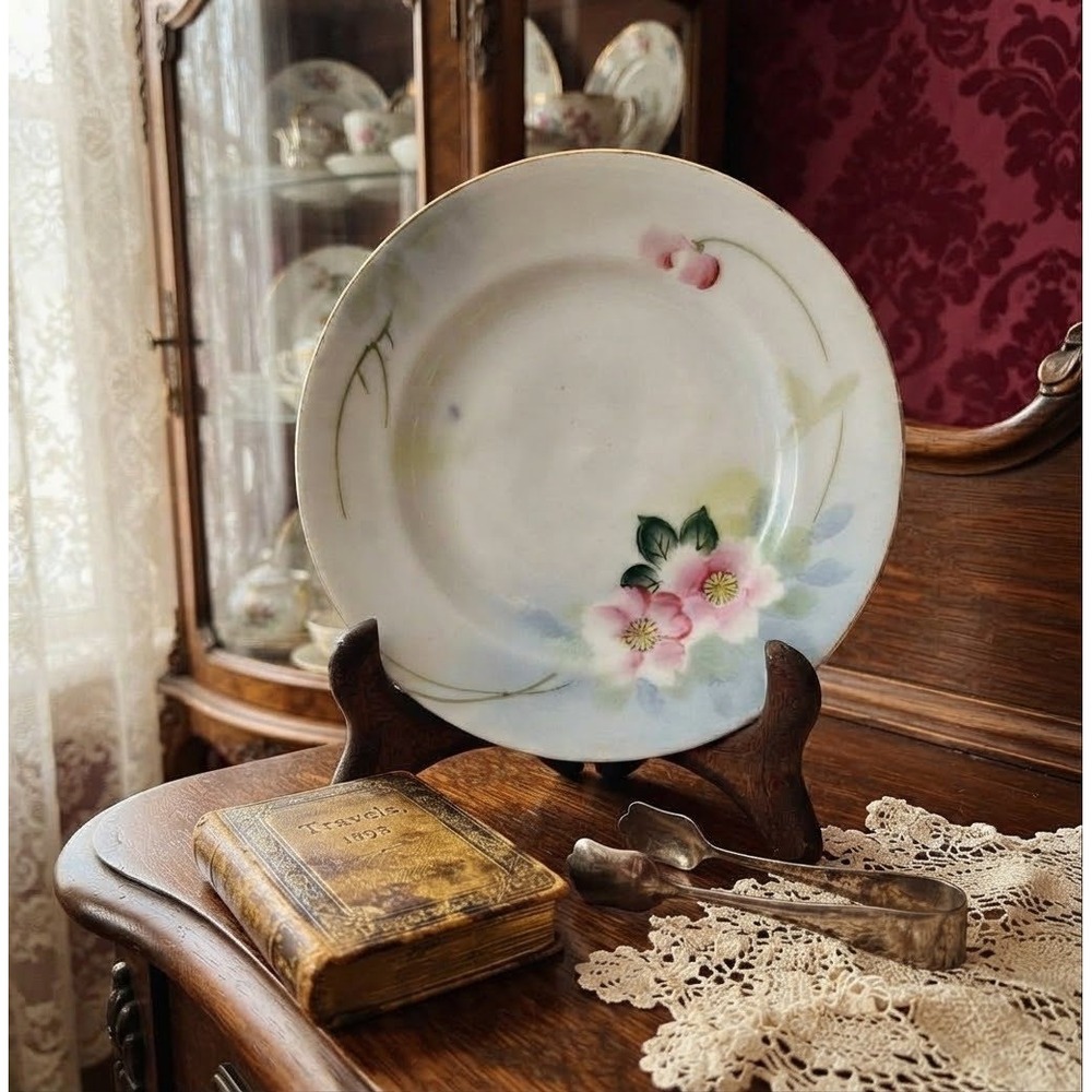 Antique Nippon Hand Painted Floral Porcelain Plate Blue Backstamp C.1900 7 Inch